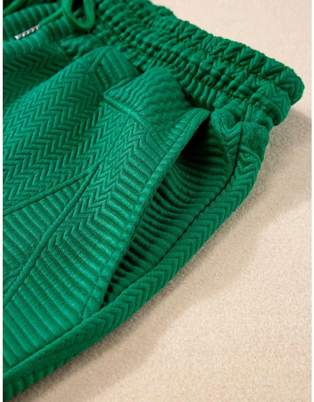 Dark Green Textured Ruffle Split Top and Drawstring Shorts