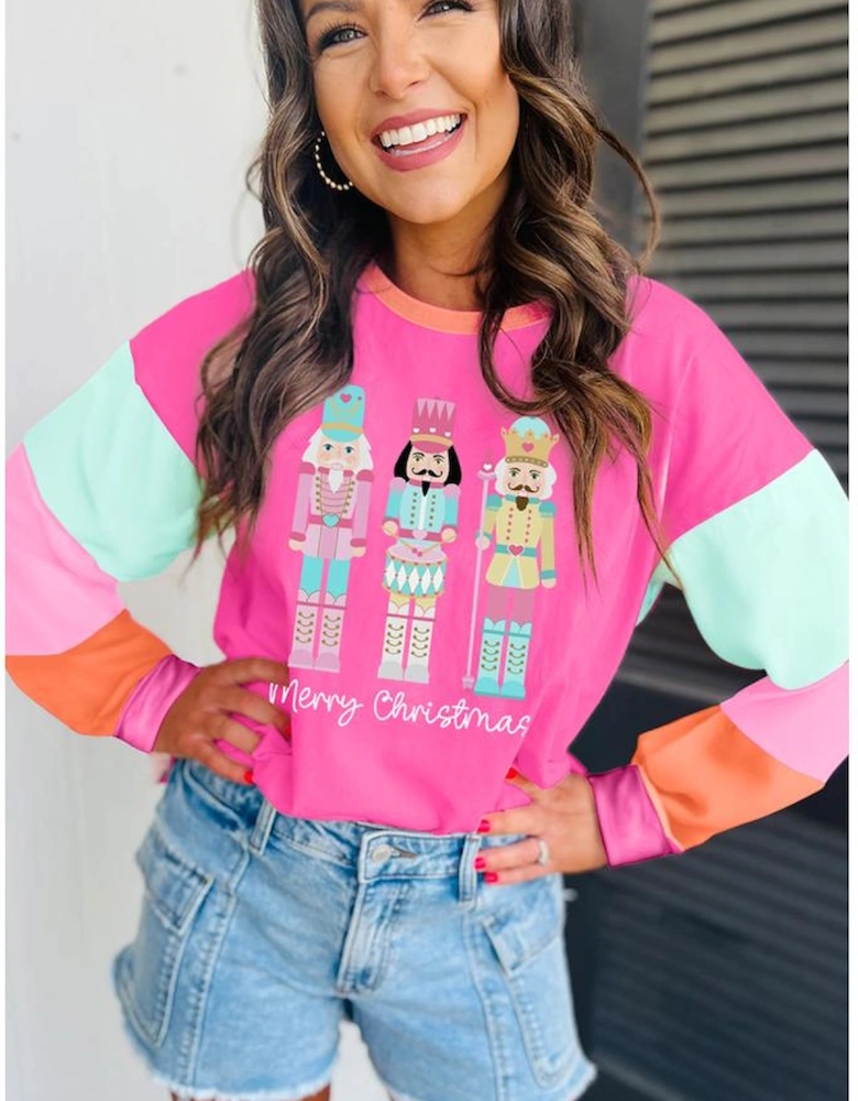 Rose Red Nutcracker Merry Christmas Graphic Colorblock Long Sleeve Tee