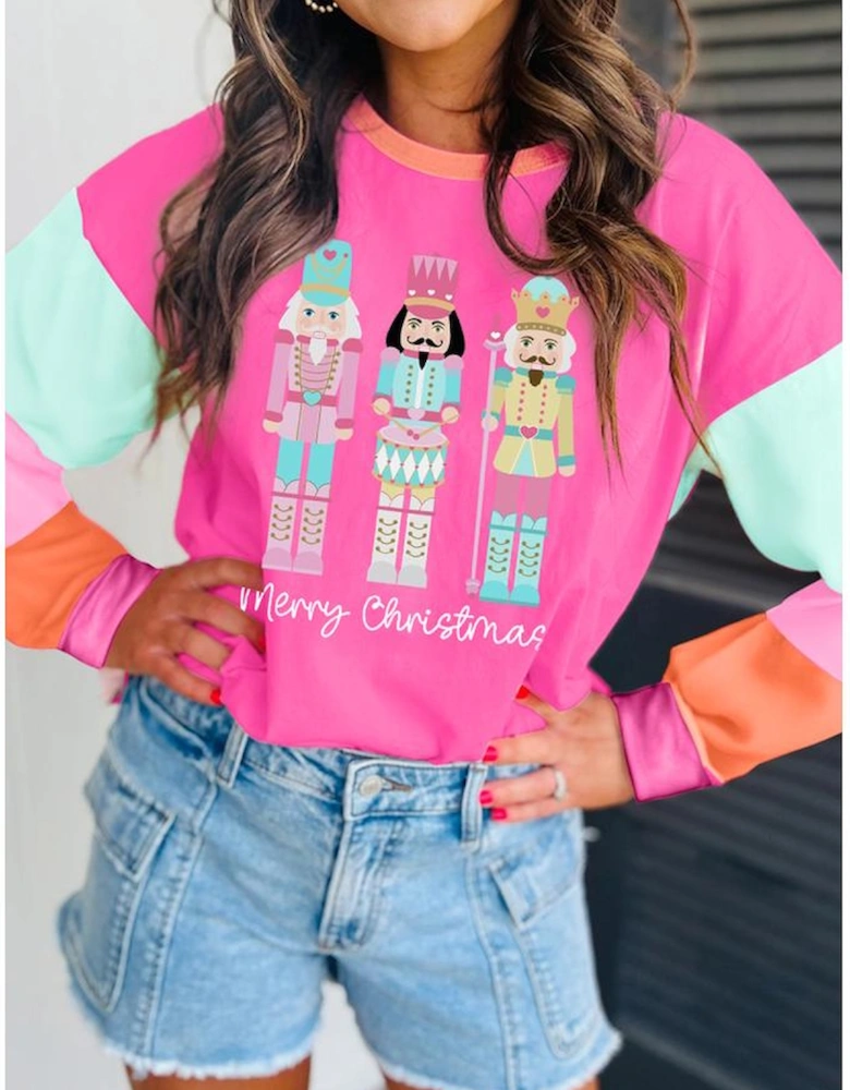 Rose Red Nutcracker Merry Christmas Graphic Colorblock Long Sleeve Tee