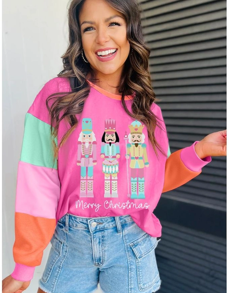Rose Red Nutcracker Merry Christmas Graphic Colorblock Long Sleeve Tee