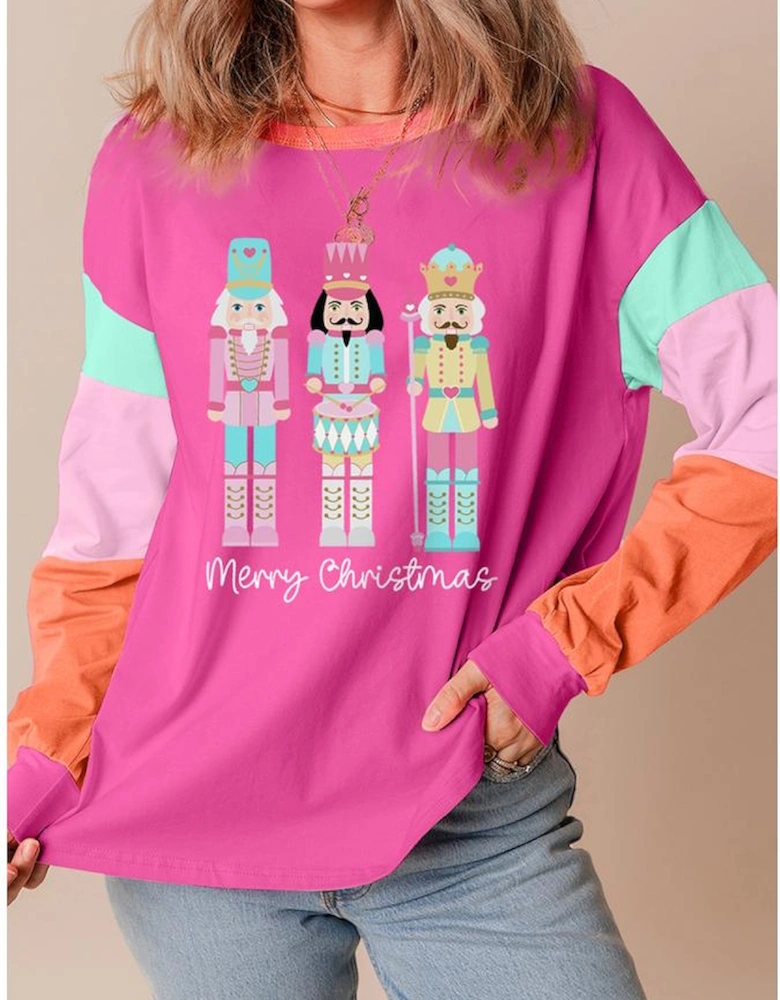 Rose Red Nutcracker Merry Christmas Graphic Colorblock Long Sleeve Tee