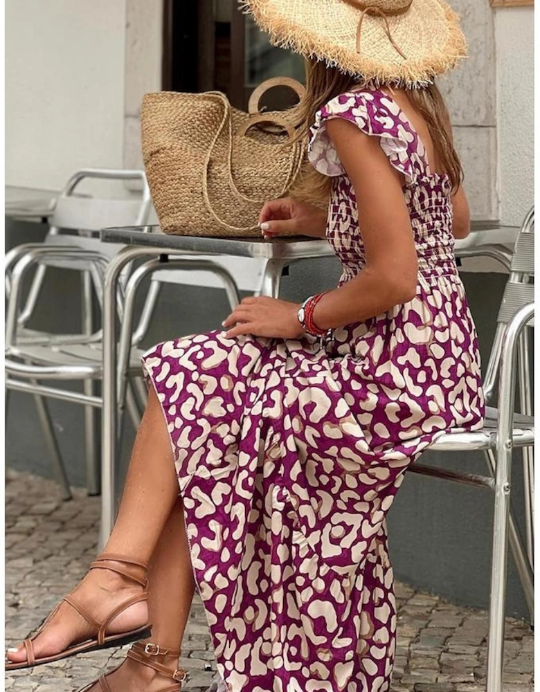 Rose Leopard Ruffle Straps Smocked High Waist Long Dress