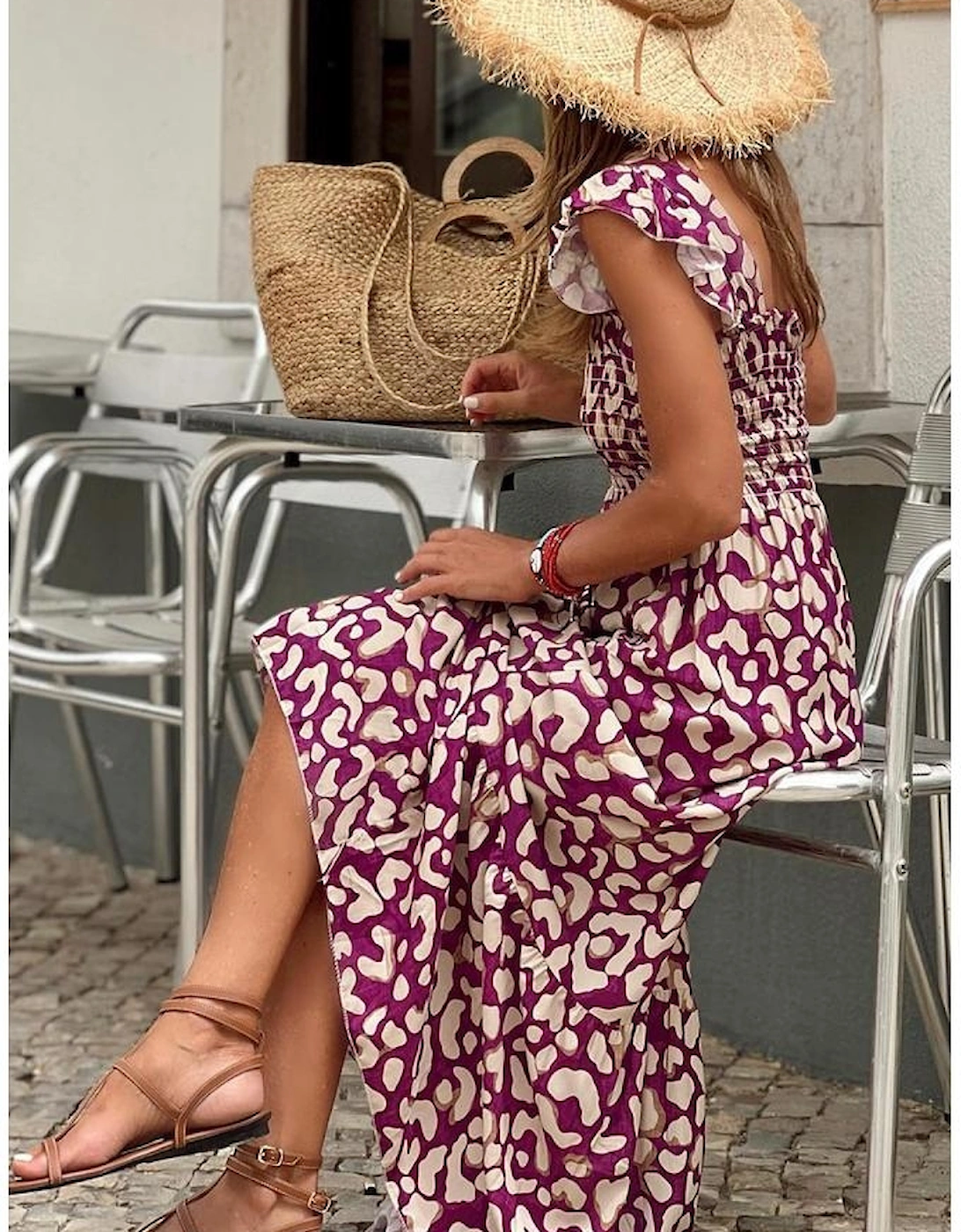 Rose Leopard Ruffle Straps Smocked High Waist Long Dress, 7 of 6