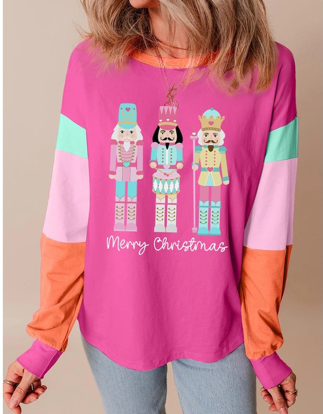Rose Red Nutcracker Merry Christmas Graphic Colorblock Long Sleeve Tee