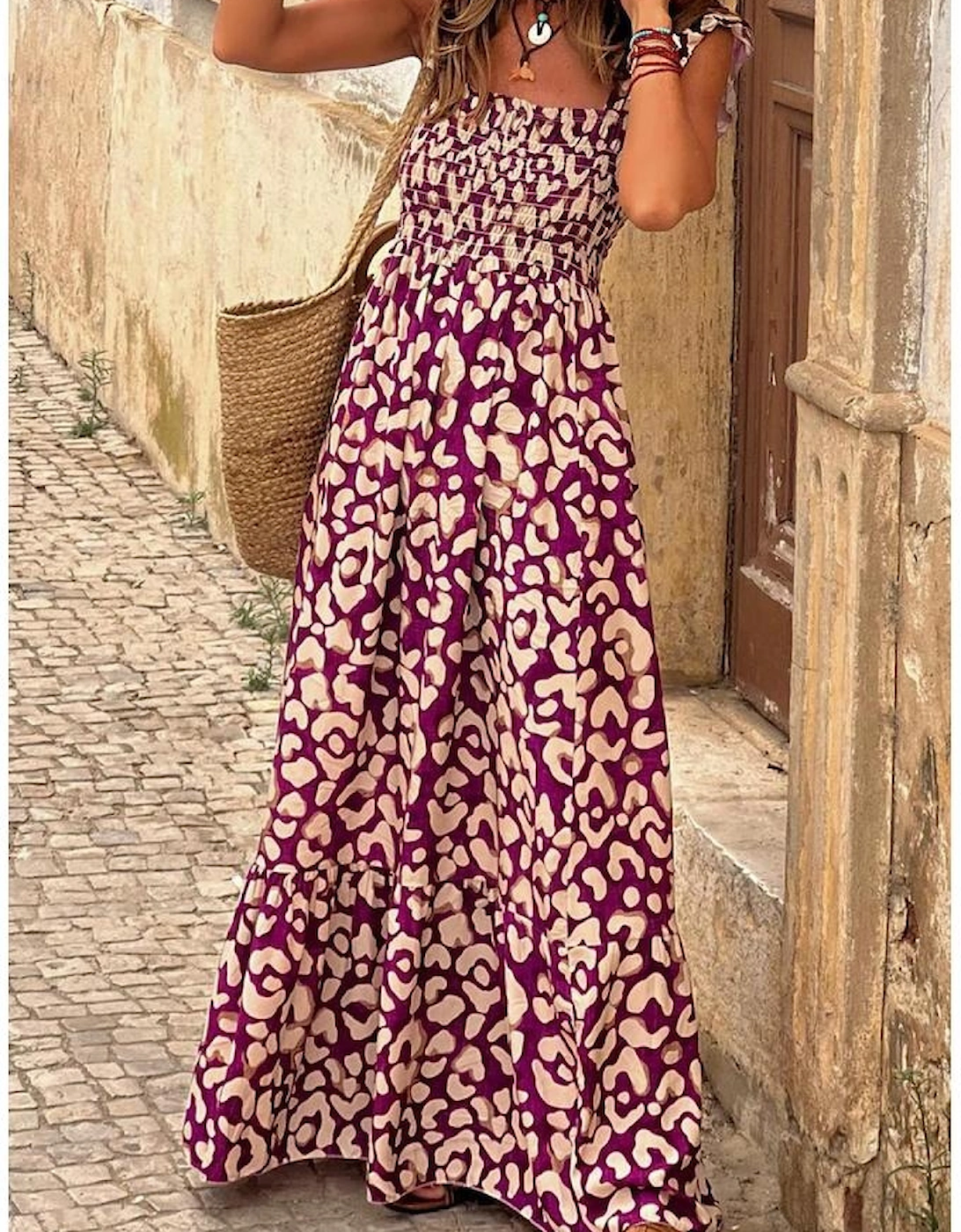 Rose Leopard Ruffle Straps Smocked High Waist Long Dress