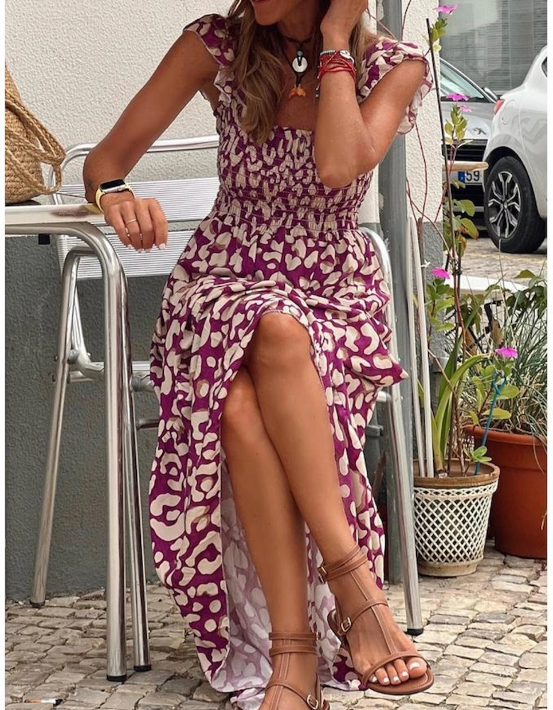 Rose Leopard Ruffle Straps Smocked High Waist Long Dress