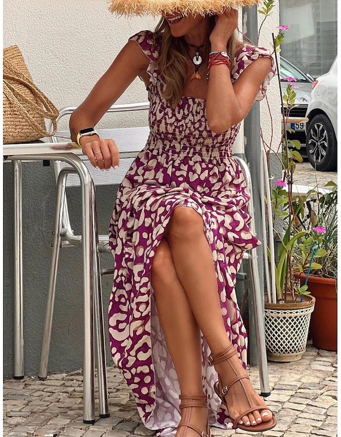 Rose Leopard Ruffle Straps Smocked High Waist Long Dress