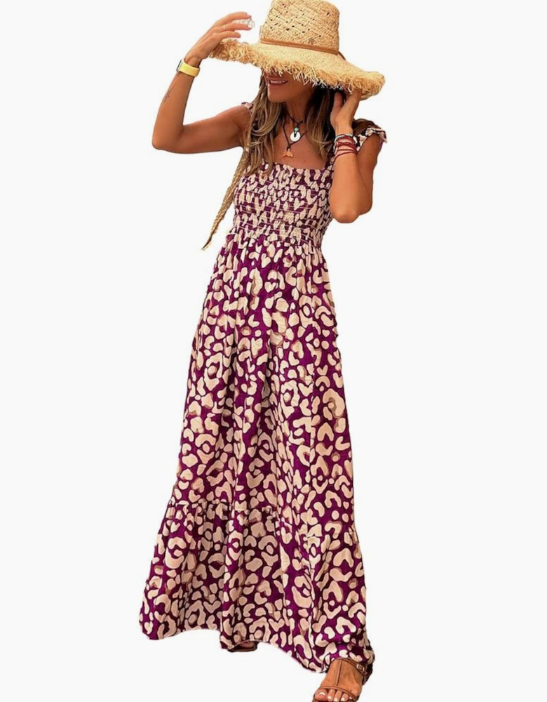 Rose Leopard Ruffle Straps Smocked High Waist Long Dress