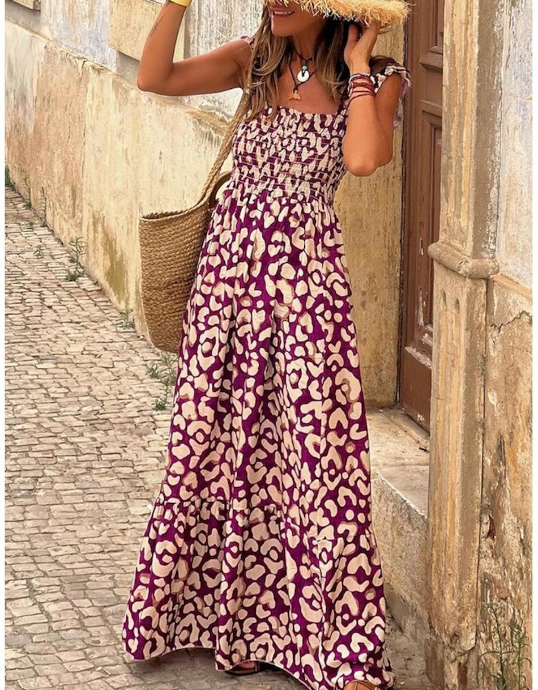 Rose Leopard Ruffle Straps Smocked High Waist Long Dress