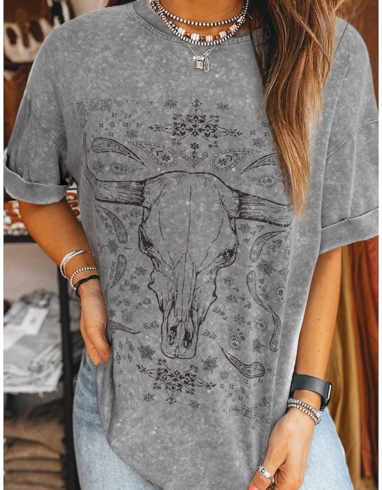 Light Grey Western Steer Head Tie Dye Print Crew Neck T Shirt