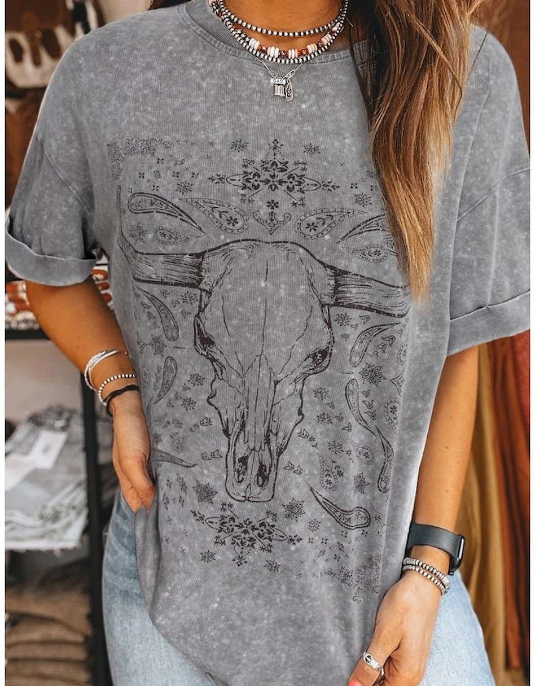 Light Grey Western Steer Head Tie Dye Print Crew Neck T Shirt