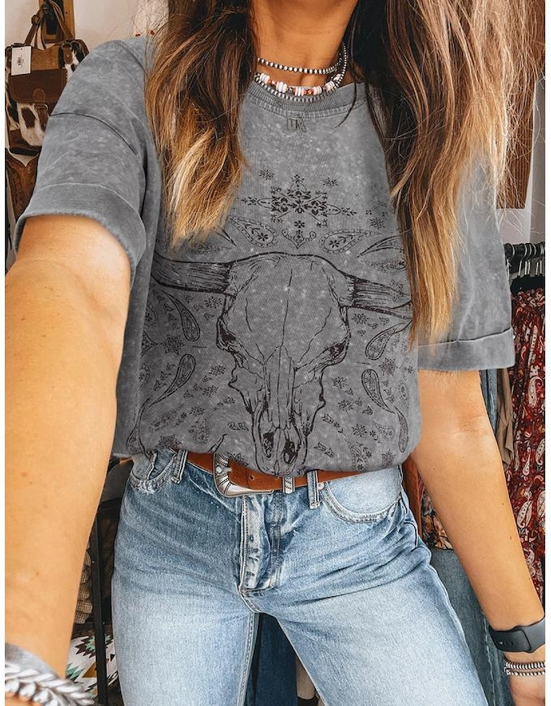 Light Grey Western Steer Head Tie Dye Print Crew Neck T Shirt