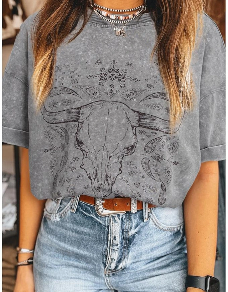 Light Grey Western Steer Head Tie Dye Print Crew Neck T Shirt