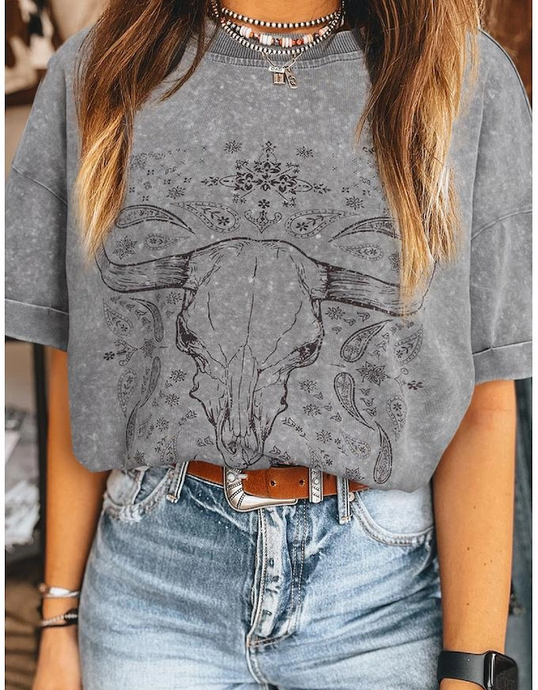 Light Grey Western Steer Head Tie Dye Print Crew Neck T Shirt, 4 of 3