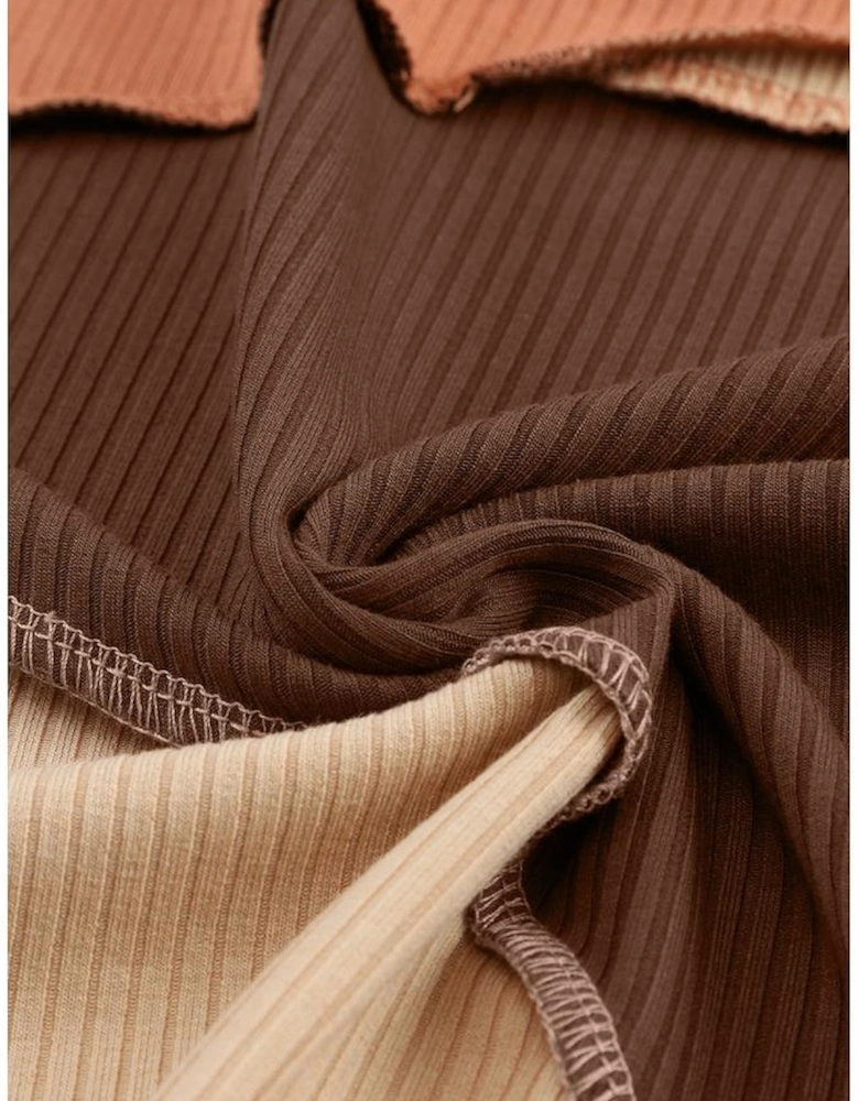 Brown Expose Seam Color Block Ribbed Knit Top