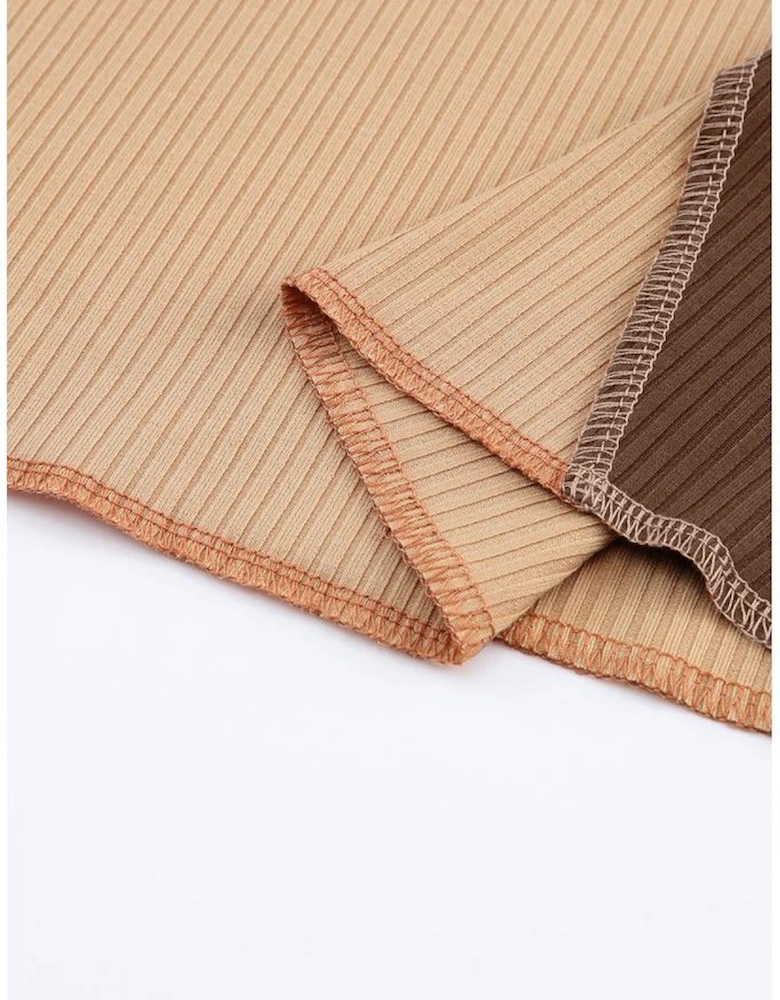 Brown Expose Seam Color Block Ribbed Knit Top