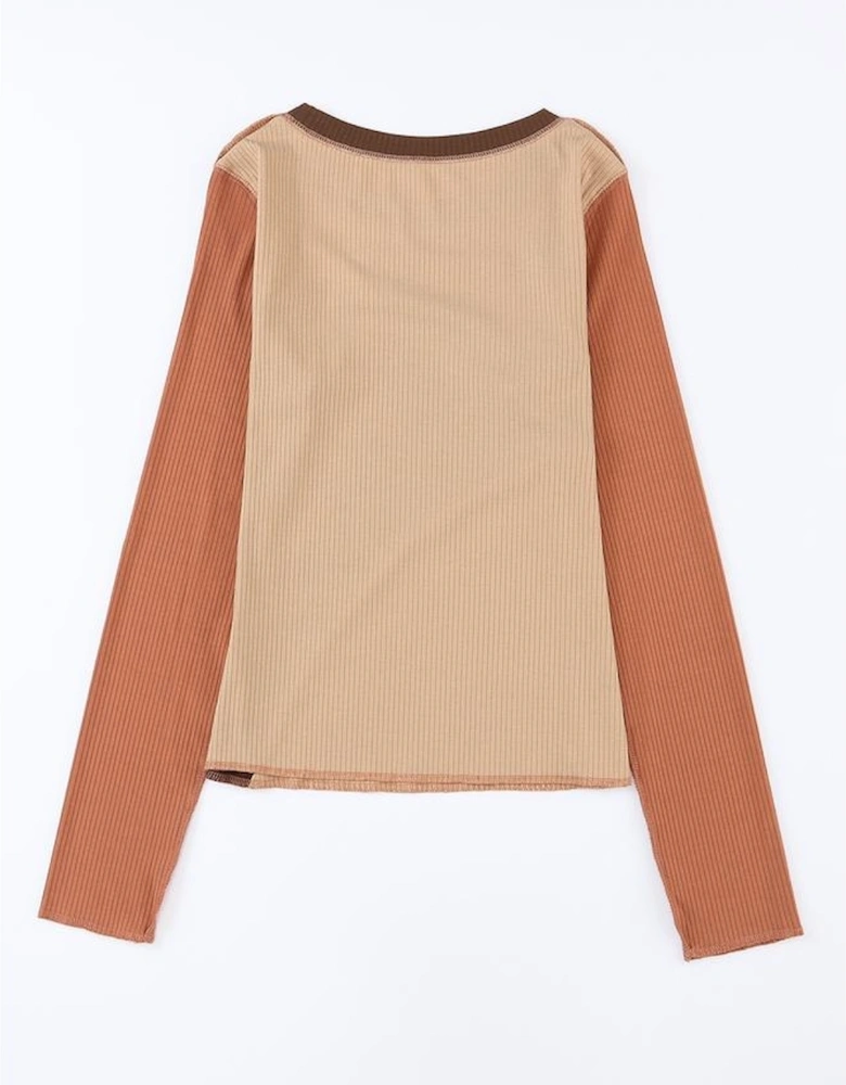 Brown Expose Seam Color Block Ribbed Knit Top