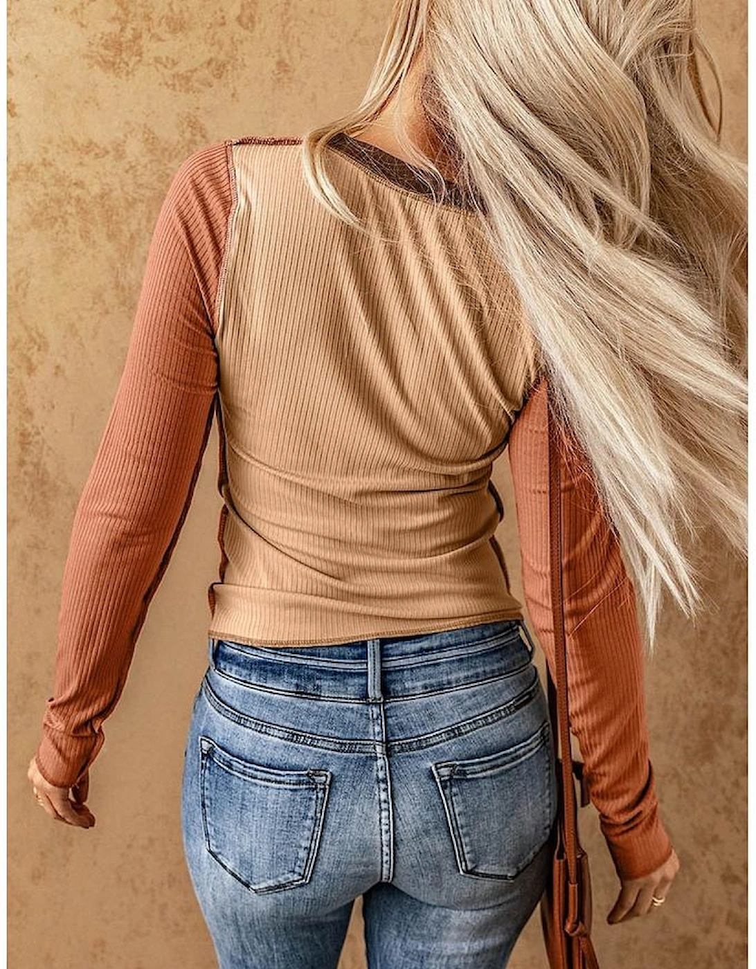 Brown Expose Seam Color Block Ribbed Knit Top