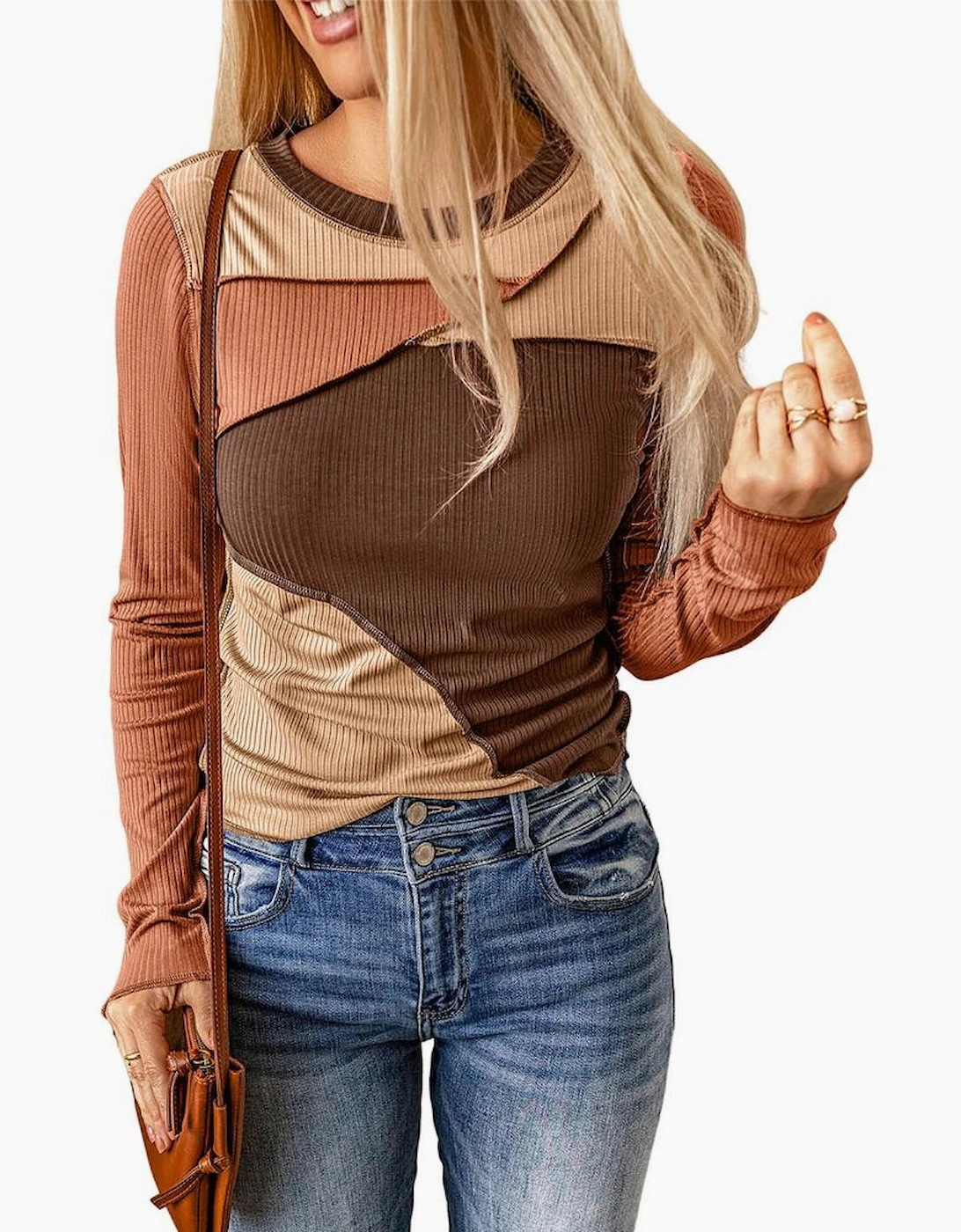 Brown Expose Seam Color Block Ribbed Knit Top