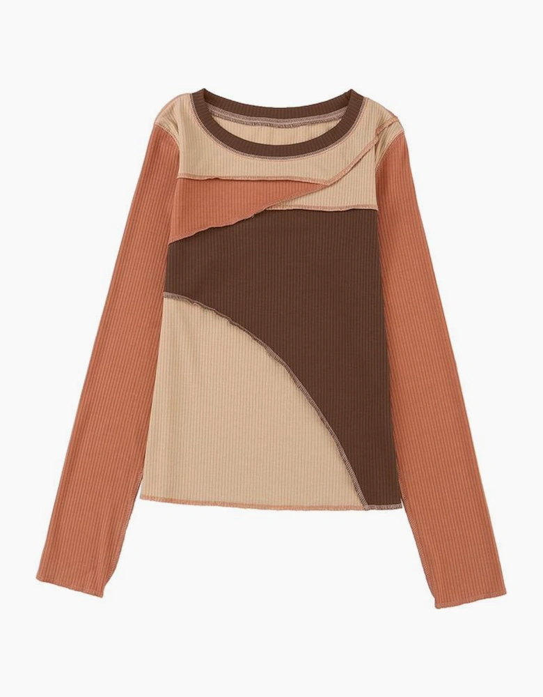 Brown Expose Seam Color Block Ribbed Knit Top