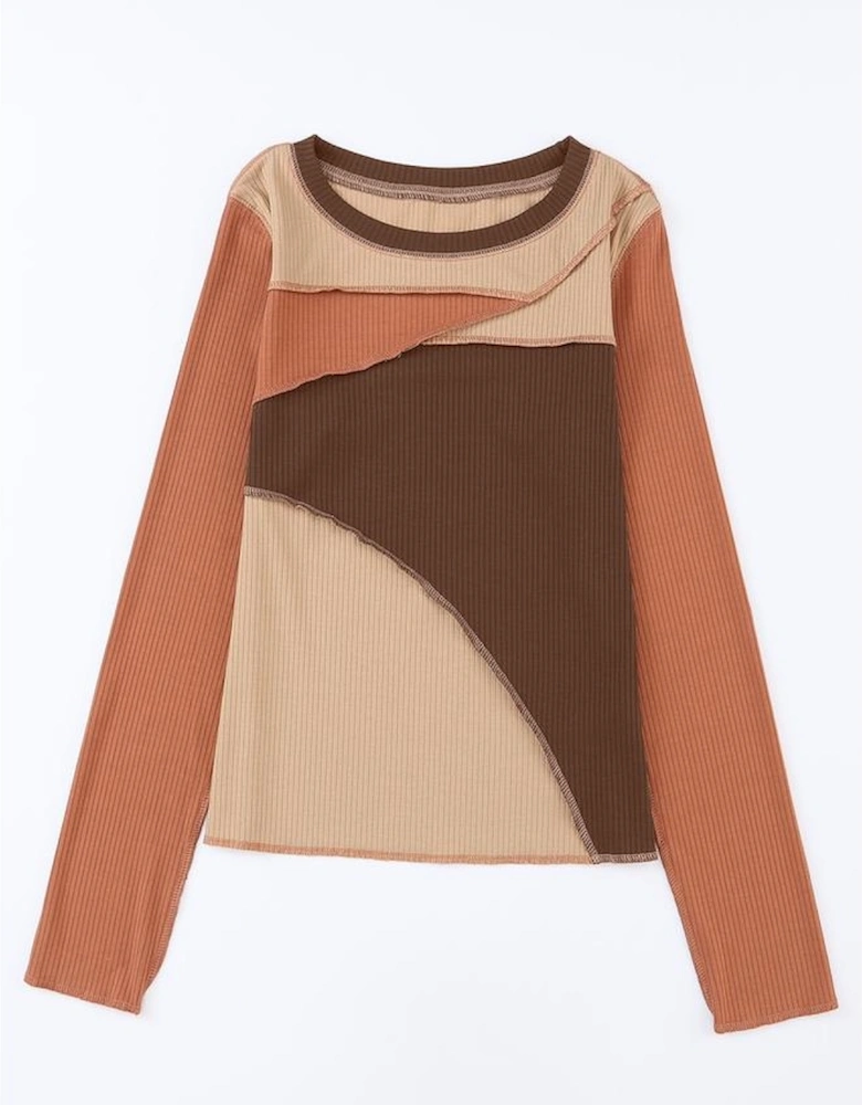 Brown Expose Seam Color Block Ribbed Knit Top