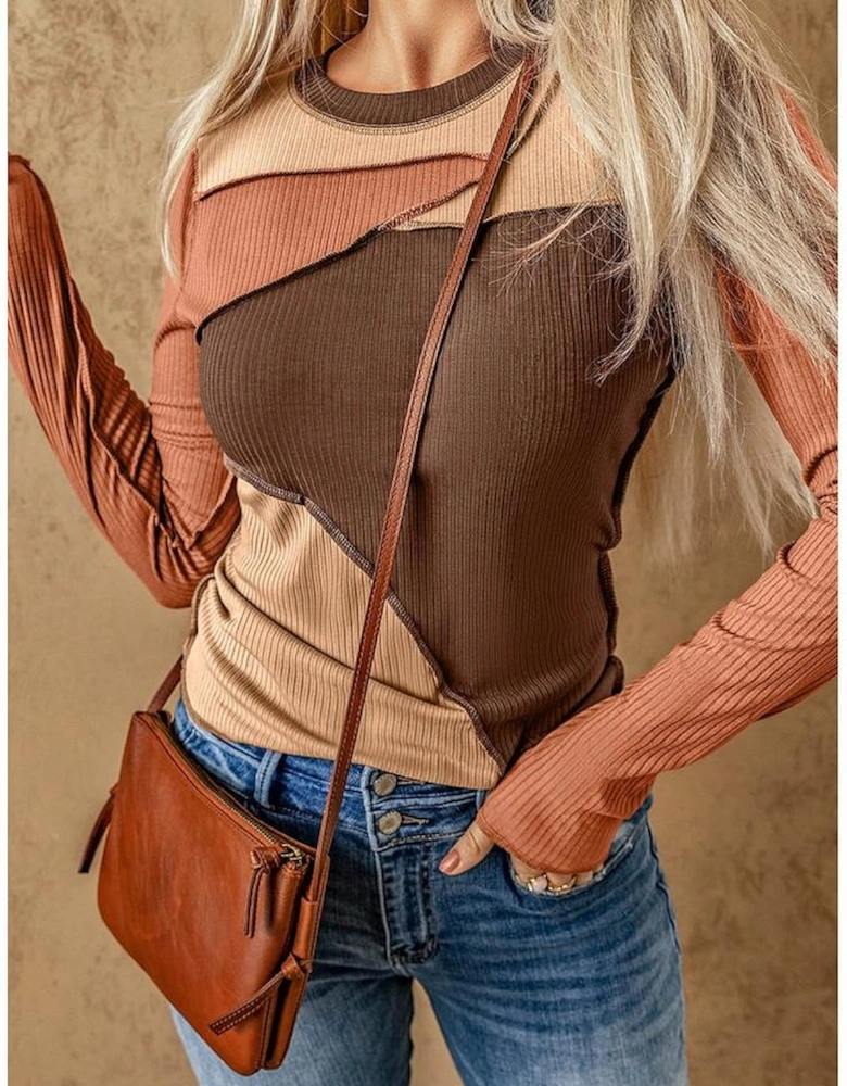 Brown Expose Seam Color Block Ribbed Knit Top
