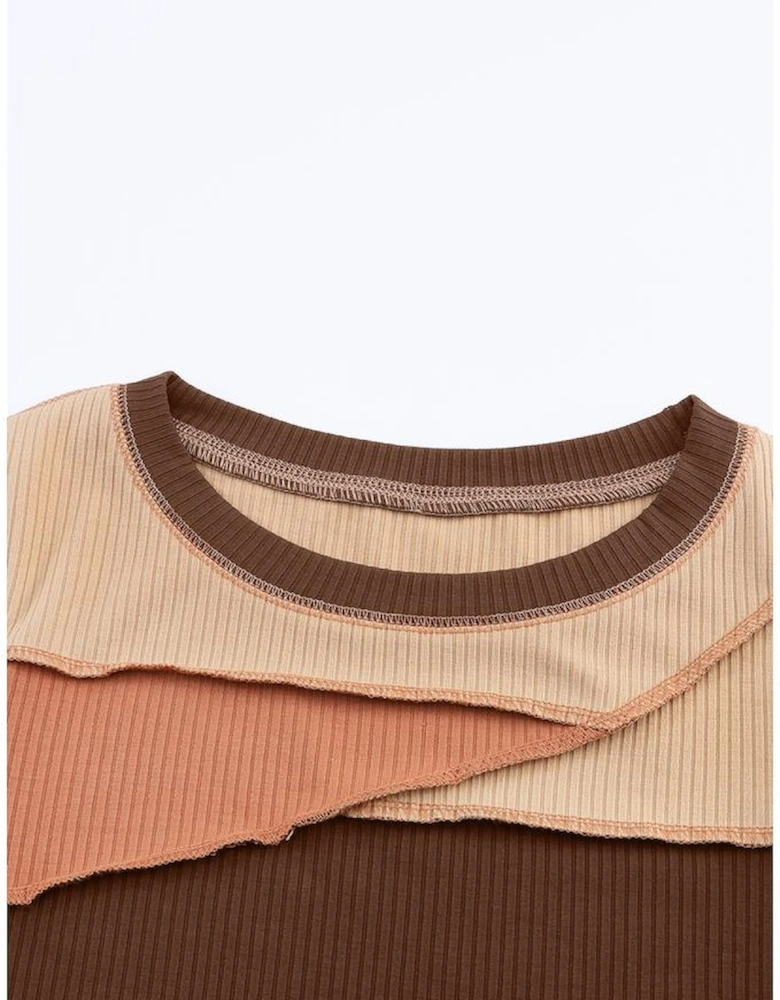 Brown Expose Seam Color Block Ribbed Knit Top