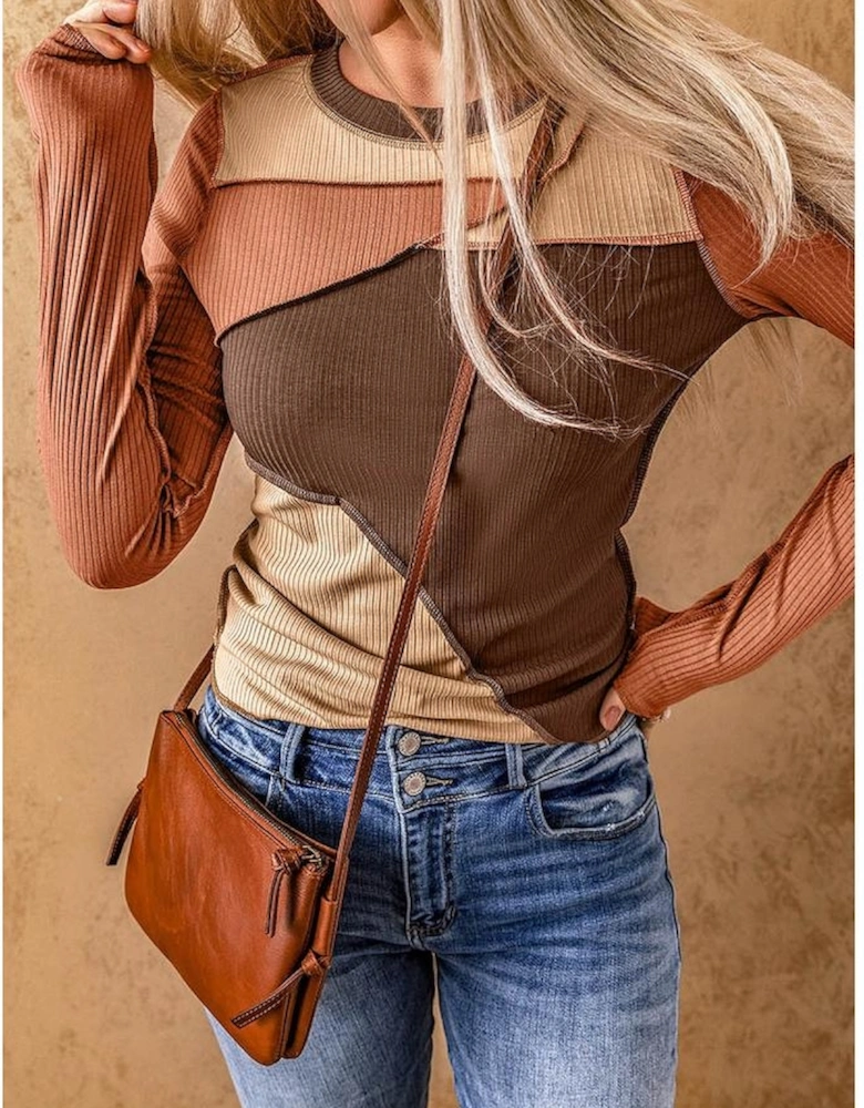 Brown Expose Seam Color Block Ribbed Knit Top