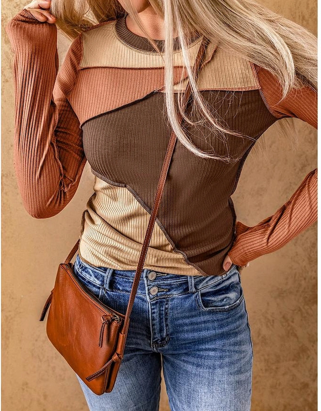 Brown Expose Seam Color Block Ribbed Knit Top