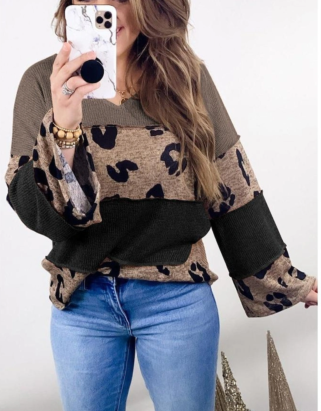 Multicolour Colorblock Patchwork V-Neck Loose Sleeve Knit Top