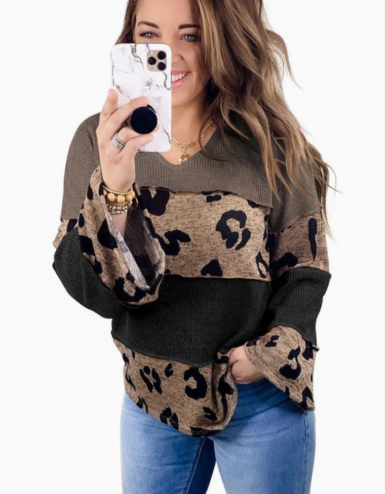Multicolour Colorblock Patchwork V-Neck Loose Sleeve Knit Top