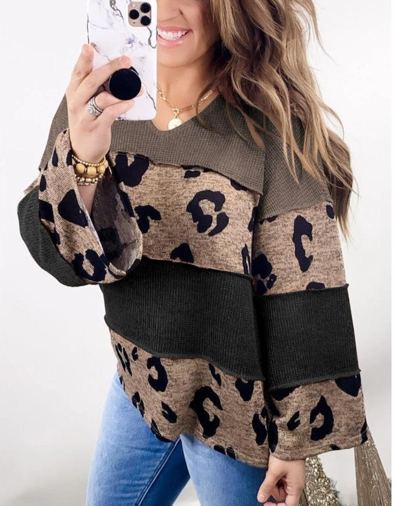 Multicolour Colorblock Patchwork V-Neck Loose Sleeve Knit Top