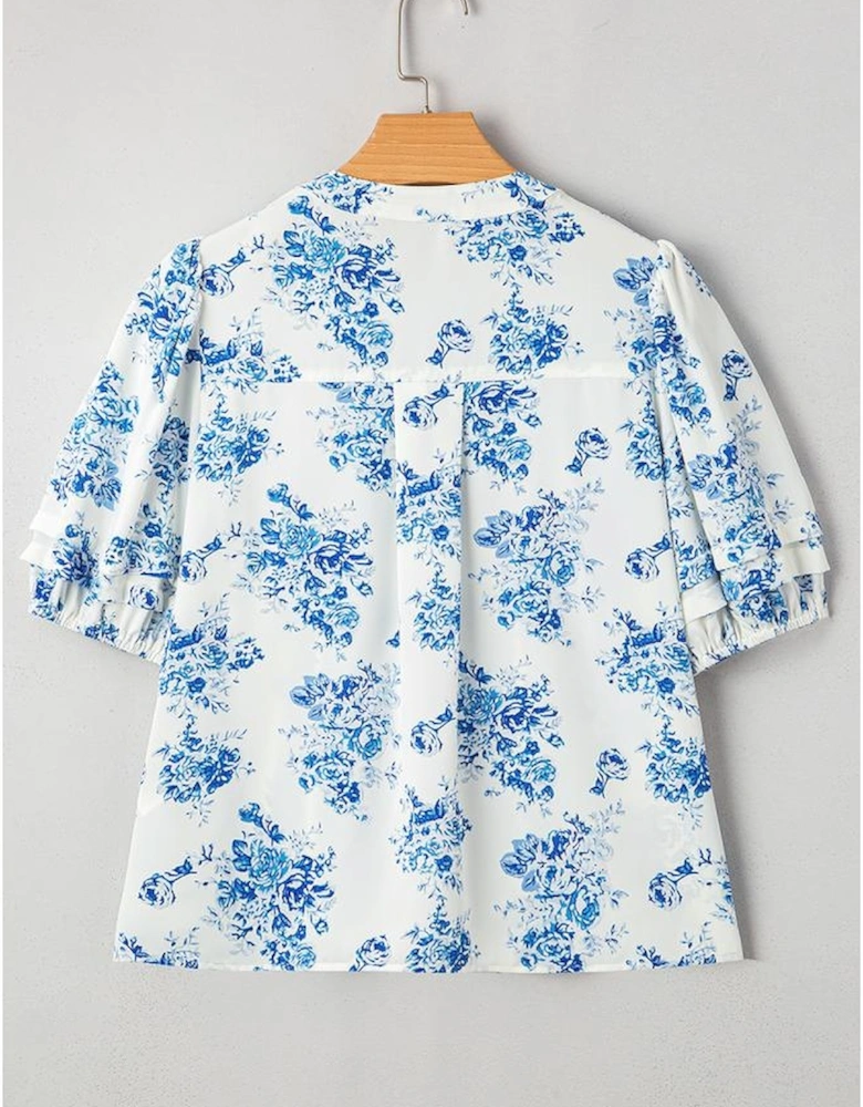 Sky Blue Floral Tiered Puff Short Sleeve Pleated Bust Buttoned Casual Shirt