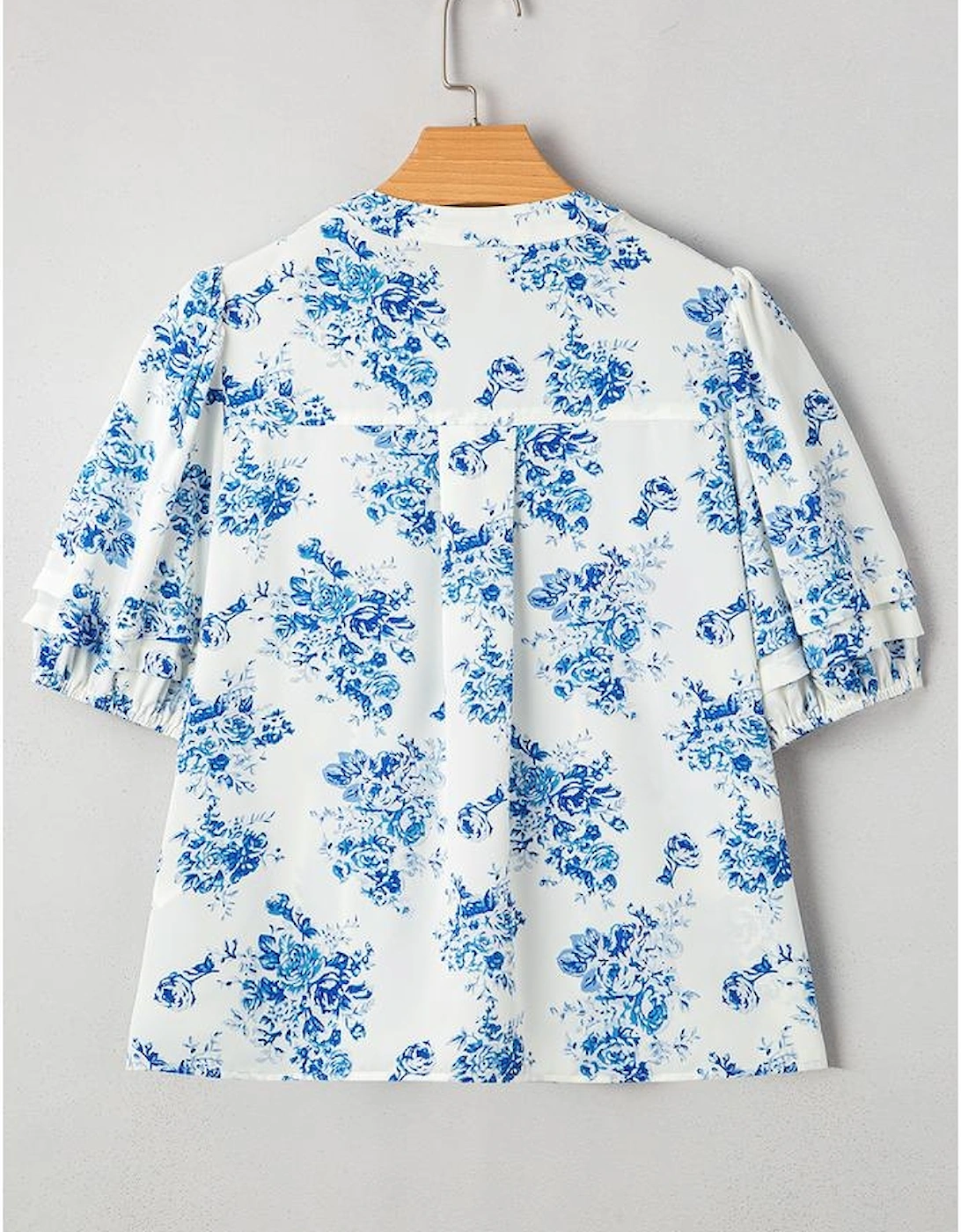 Sky Blue Floral Tiered Puff Short Sleeve Pleated Bust Buttoned Casual Shirt