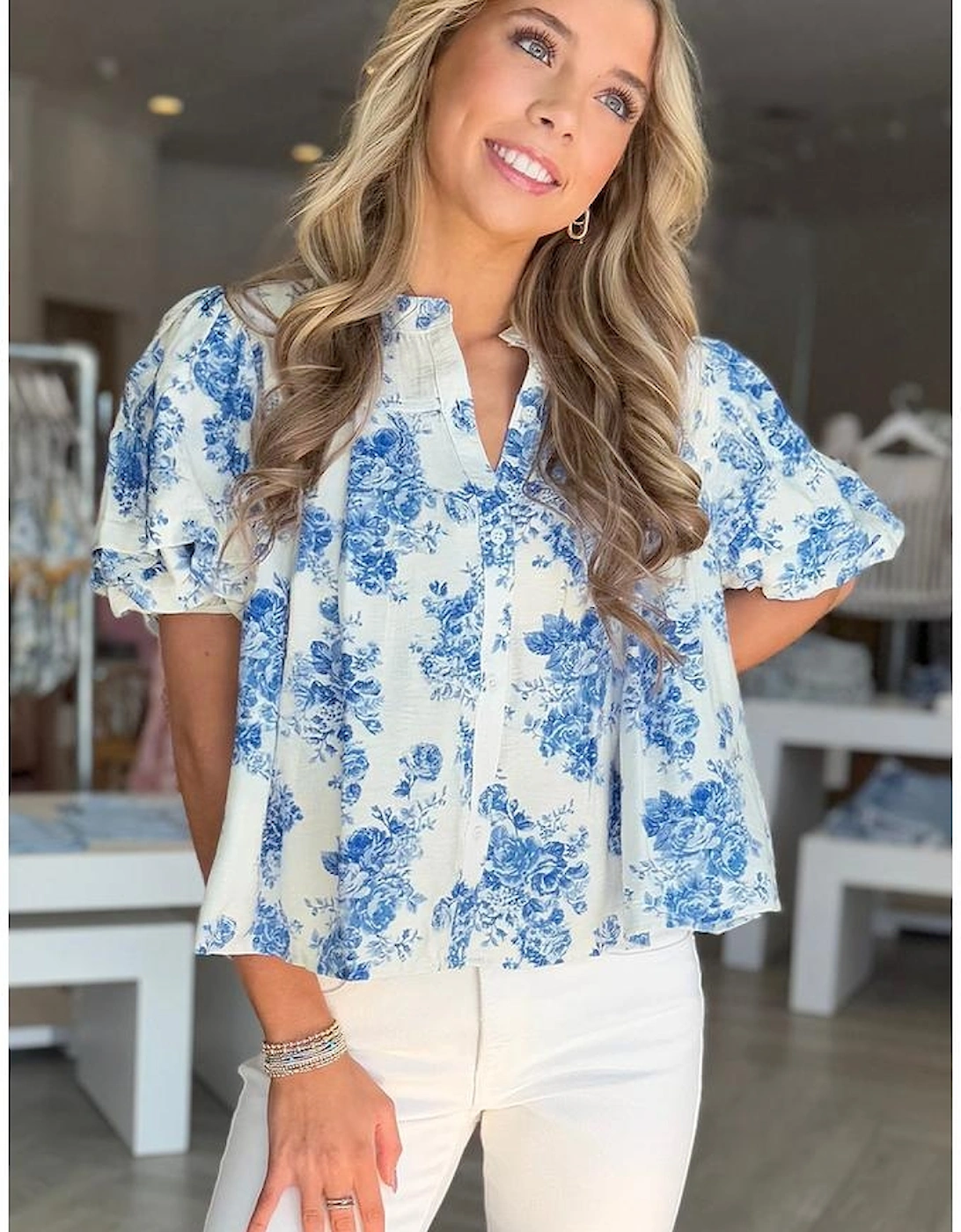 Sky Blue Floral Tiered Puff Short Sleeve Pleated Bust Buttoned Casual Shirt