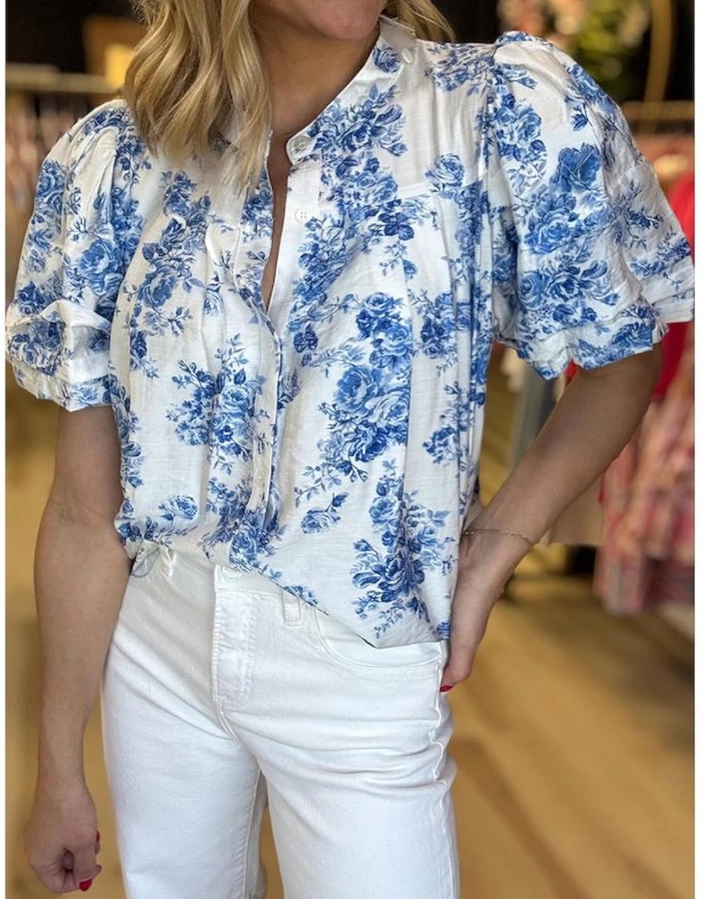 Sky Blue Floral Tiered Puff Short Sleeve Pleated Bust Buttoned Casual Shirt
