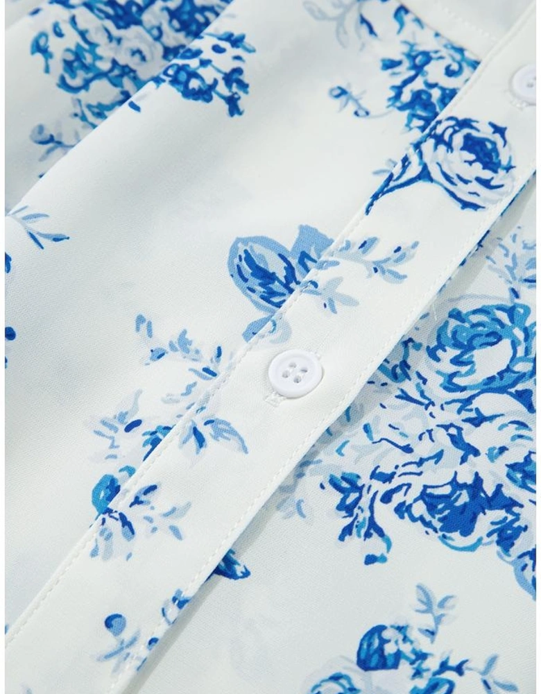 Sky Blue Floral Tiered Puff Short Sleeve Pleated Bust Buttoned Casual Shirt