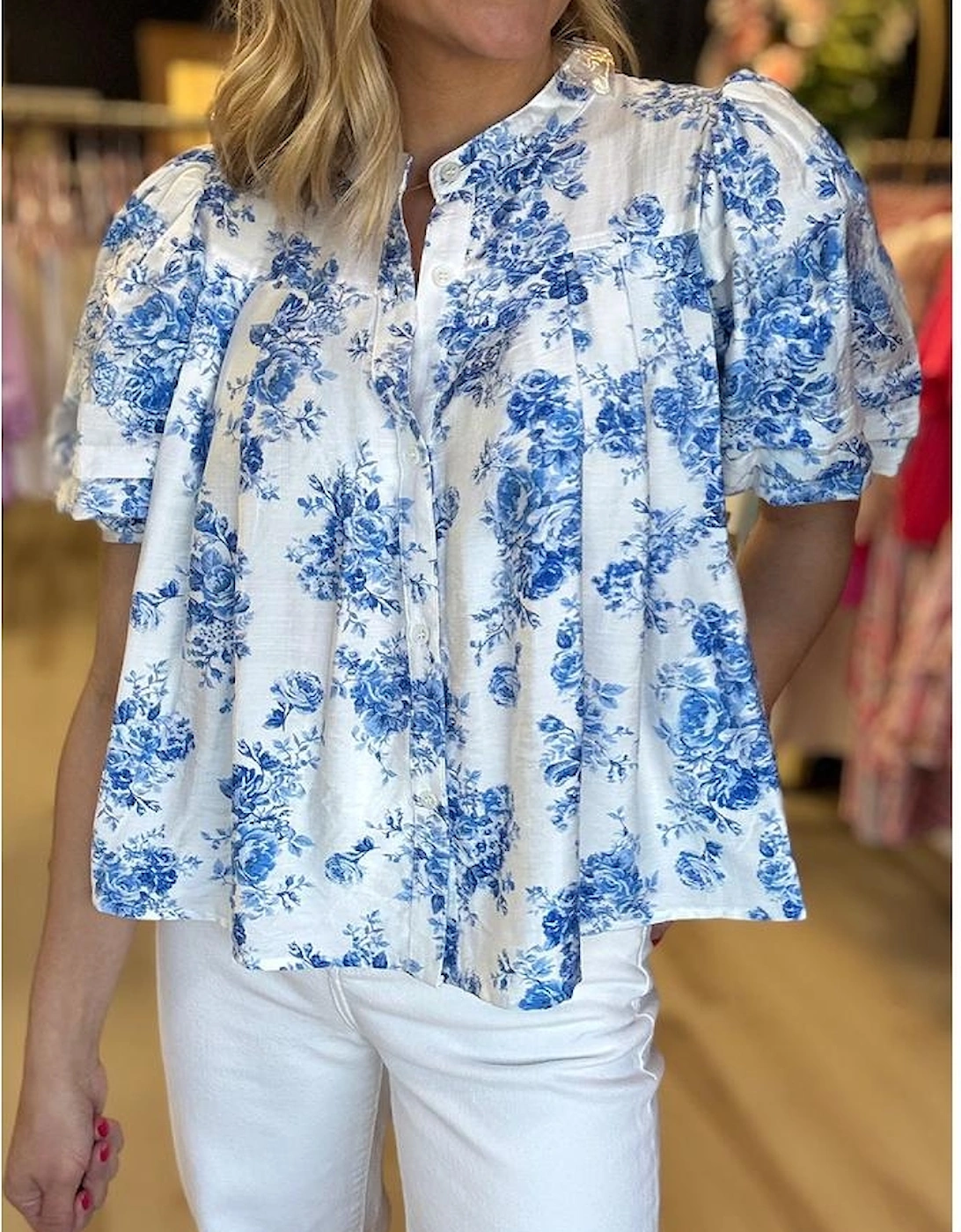 Sky Blue Floral Tiered Puff Short Sleeve Pleated Bust Buttoned Casual Shirt