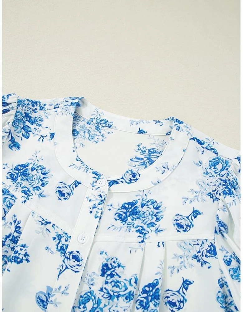 Sky Blue Floral Tiered Puff Short Sleeve Pleated Bust Buttoned Casual Shirt