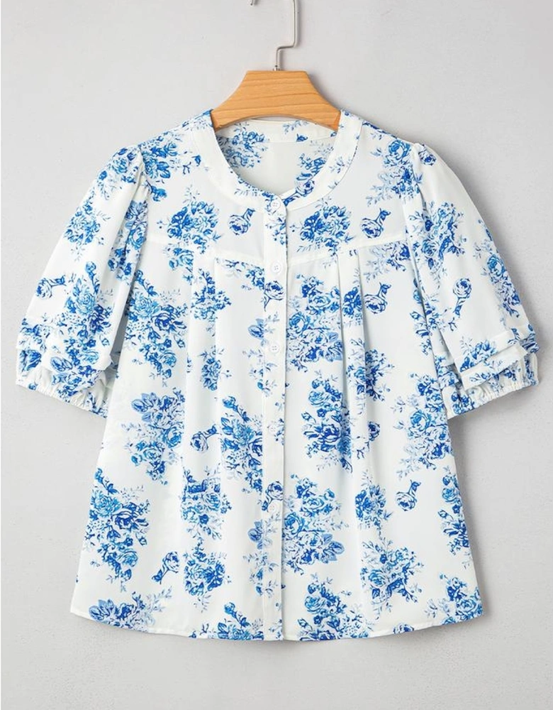 Sky Blue Floral Tiered Puff Short Sleeve Pleated Bust Buttoned Casual Shirt