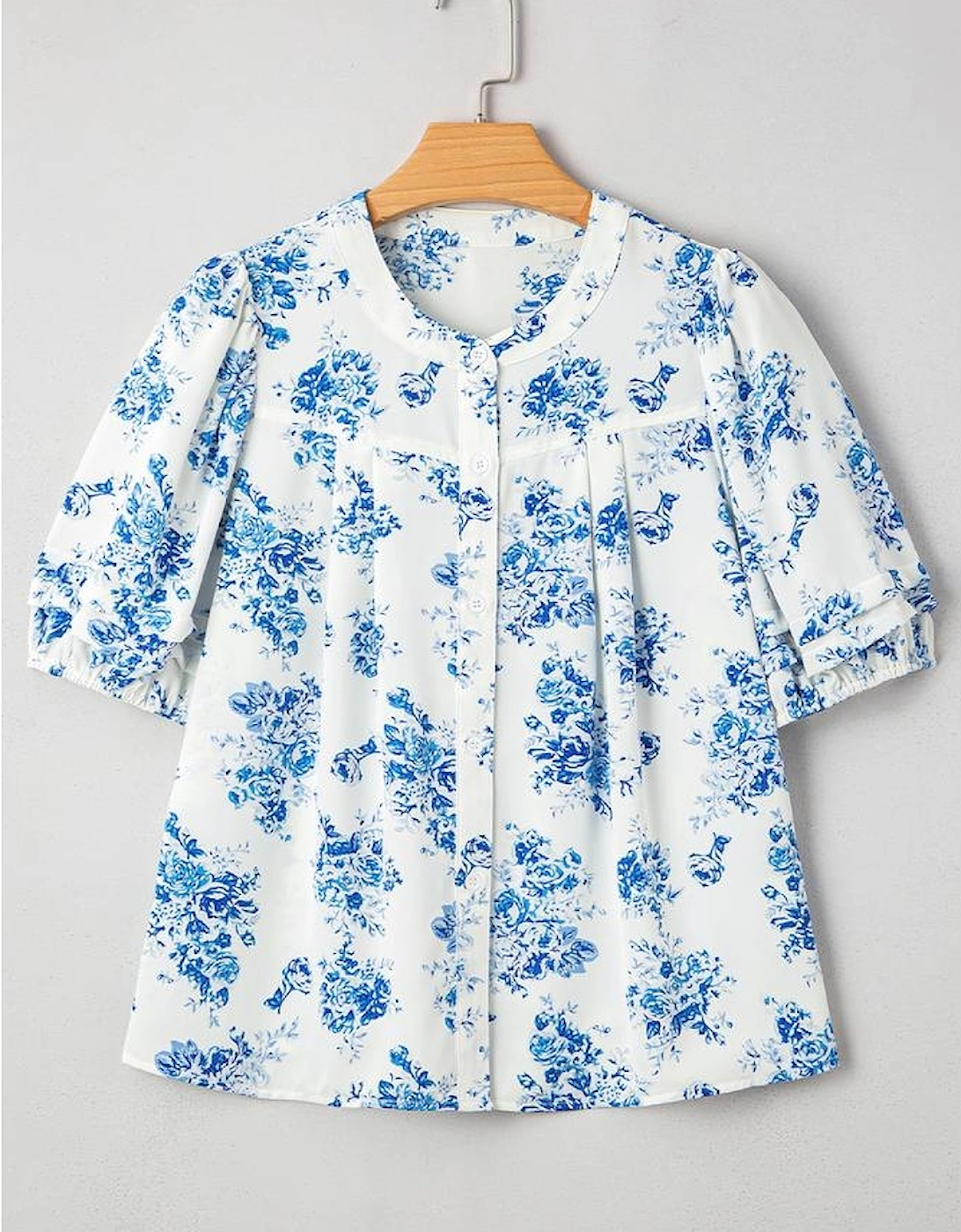 Sky Blue Floral Tiered Puff Short Sleeve Pleated Bust Buttoned Casual Shirt