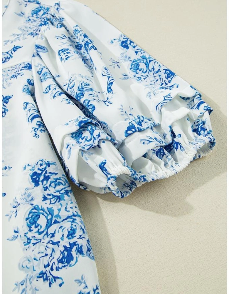 Sky Blue Floral Tiered Puff Short Sleeve Pleated Bust Buttoned Casual Shirt