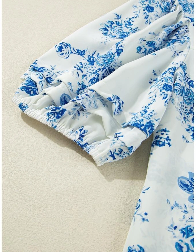 Sky Blue Floral Tiered Puff Short Sleeve Pleated Bust Buttoned Casual Shirt