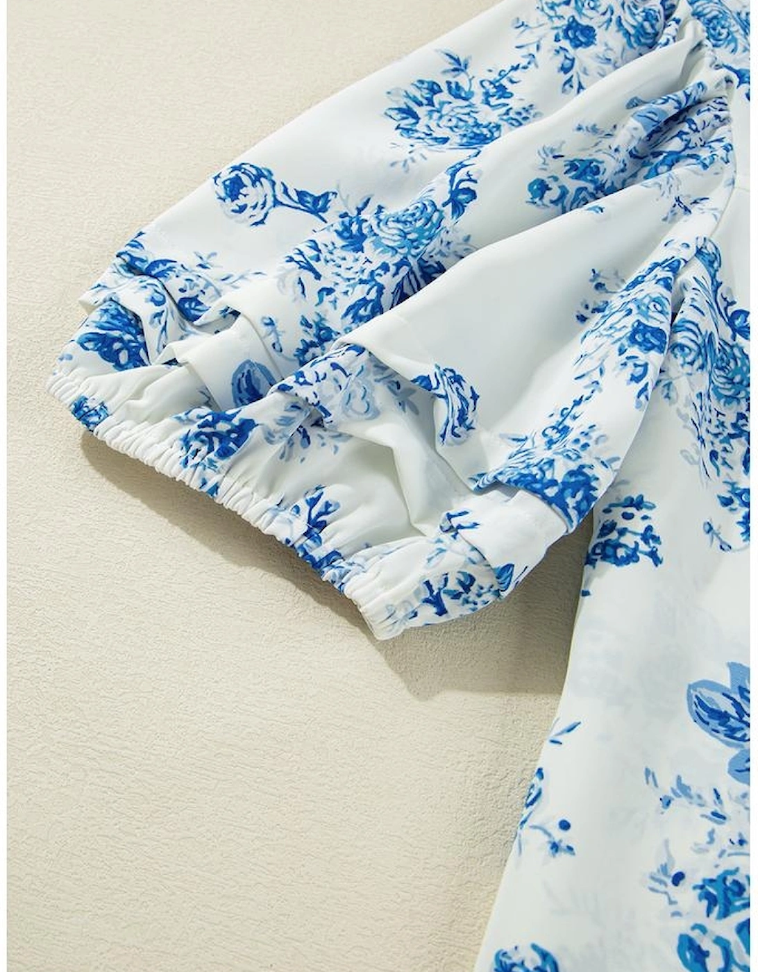 Sky Blue Floral Tiered Puff Short Sleeve Pleated Bust Buttoned Casual Shirt