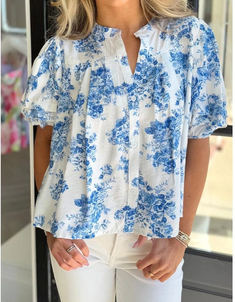 Sky Blue Floral Tiered Puff Short Sleeve Pleated Bust Buttoned Casual Shirt