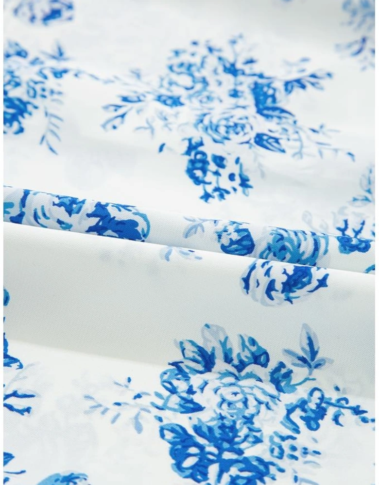 Sky Blue Floral Tiered Puff Short Sleeve Pleated Bust Buttoned Casual Shirt