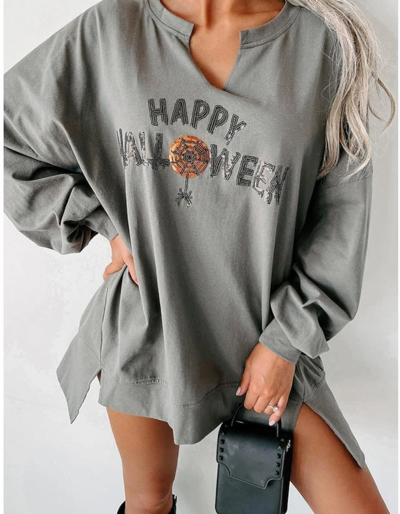 Medium Grey Sequin Happy Halloween Graphic Notched Neck Long Sleeve Loose Top