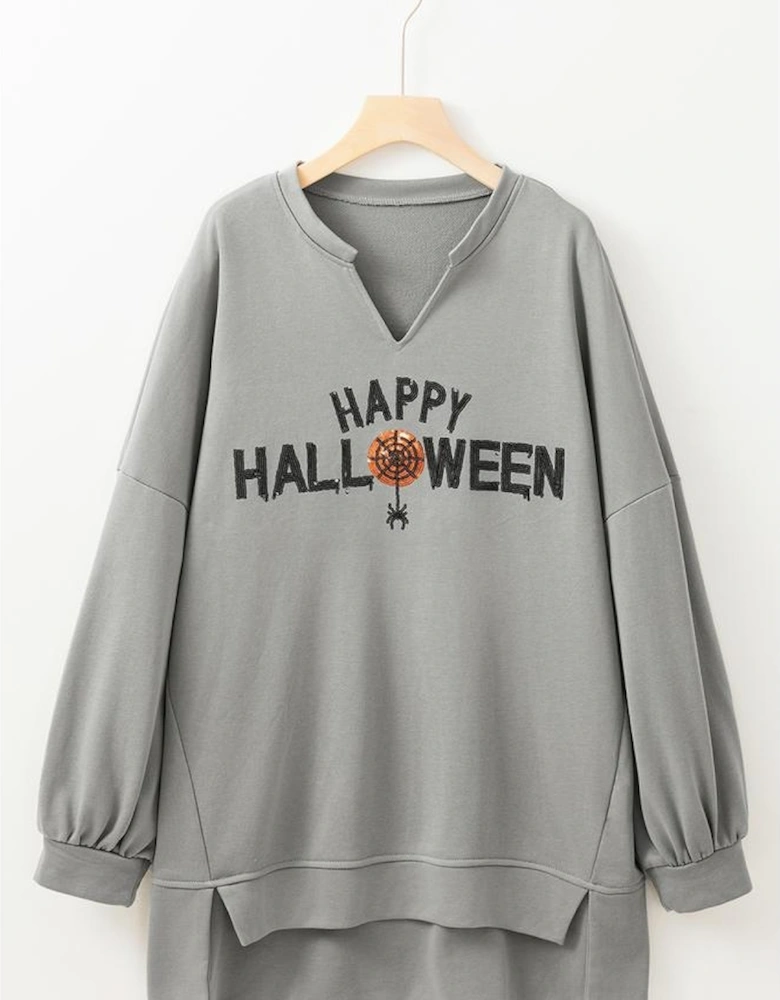 Medium Grey Sequin Happy Halloween Graphic Notched Neck Long Sleeve Loose Top