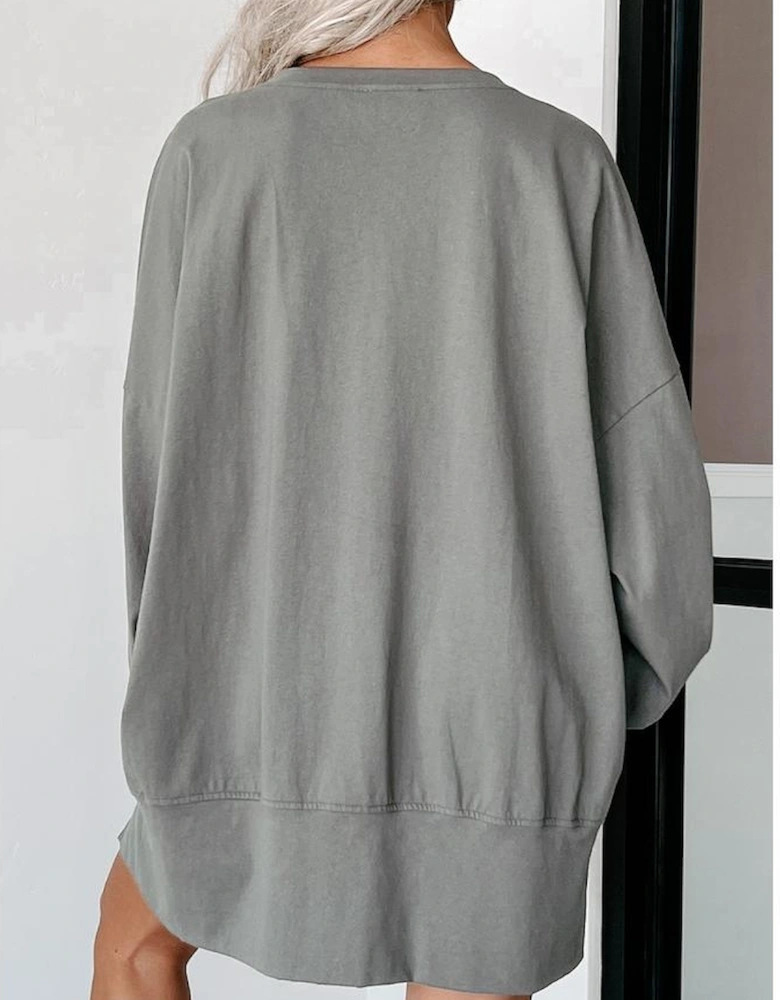 Medium Grey Sequin Happy Halloween Graphic Notched Neck Long Sleeve Loose Top