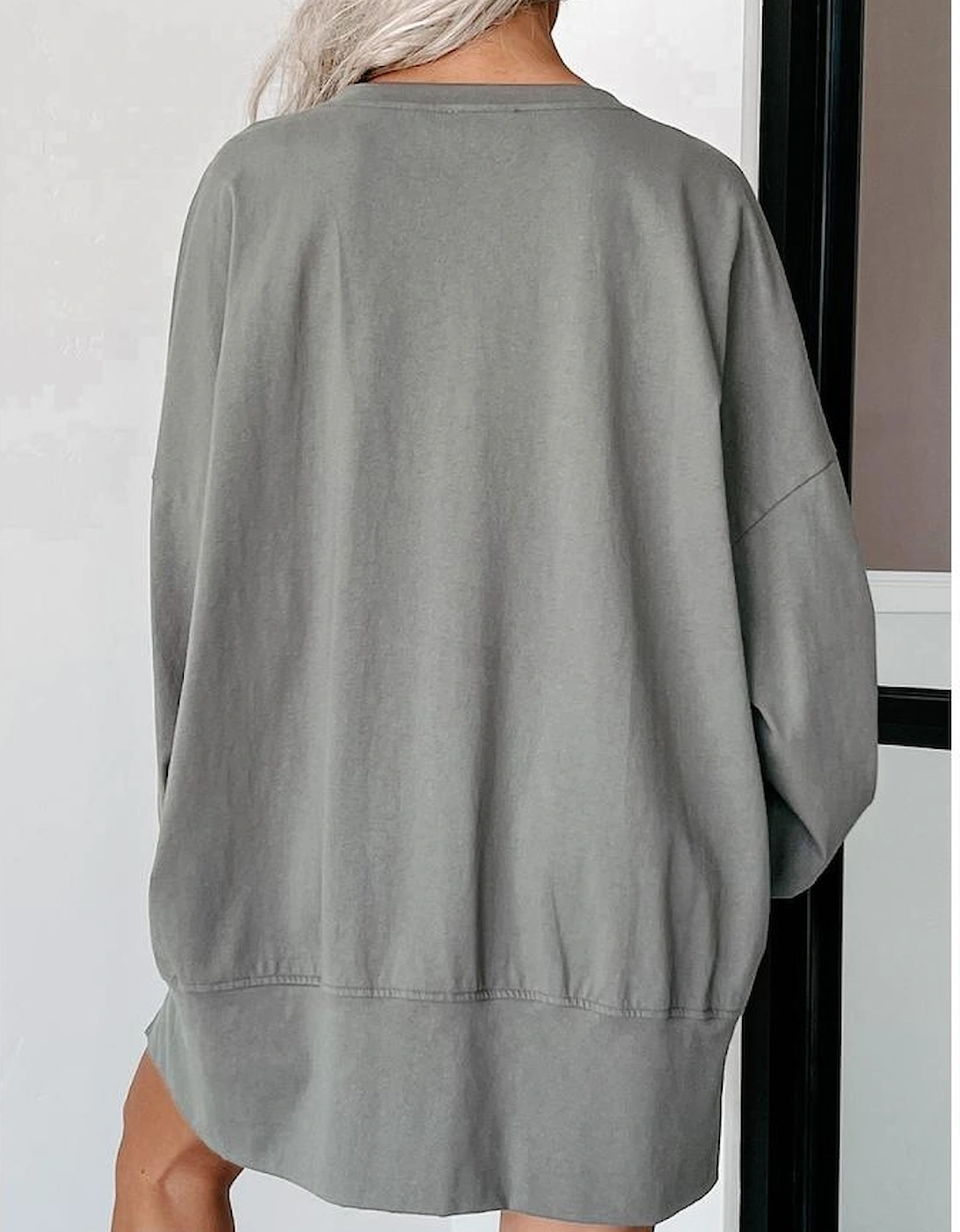 Medium Grey Sequin Happy Halloween Graphic Notched Neck Long Sleeve Loose Top